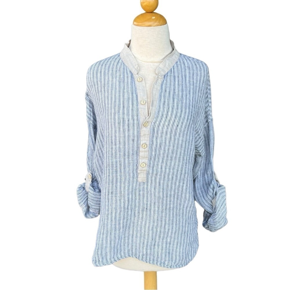 Mastro Moda Italy 100% Linen Stripe Popover Henley Top Blue Ecru Roll Tab Small